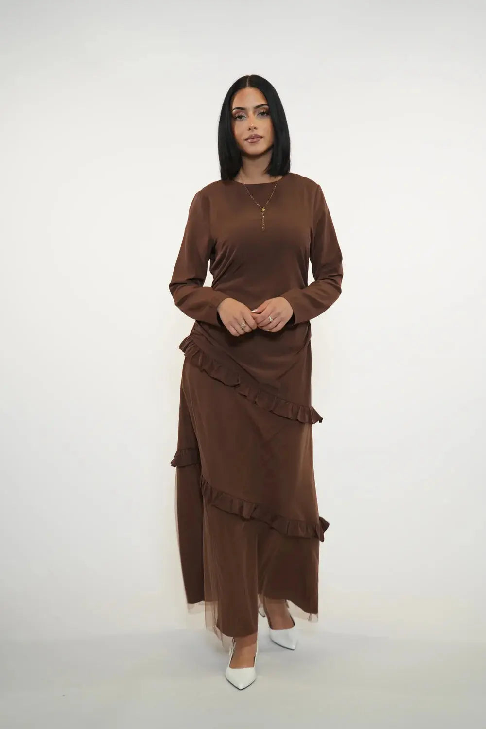 ROMANCE RUFFLE DRESS - ESPRESSO Losyana.nl