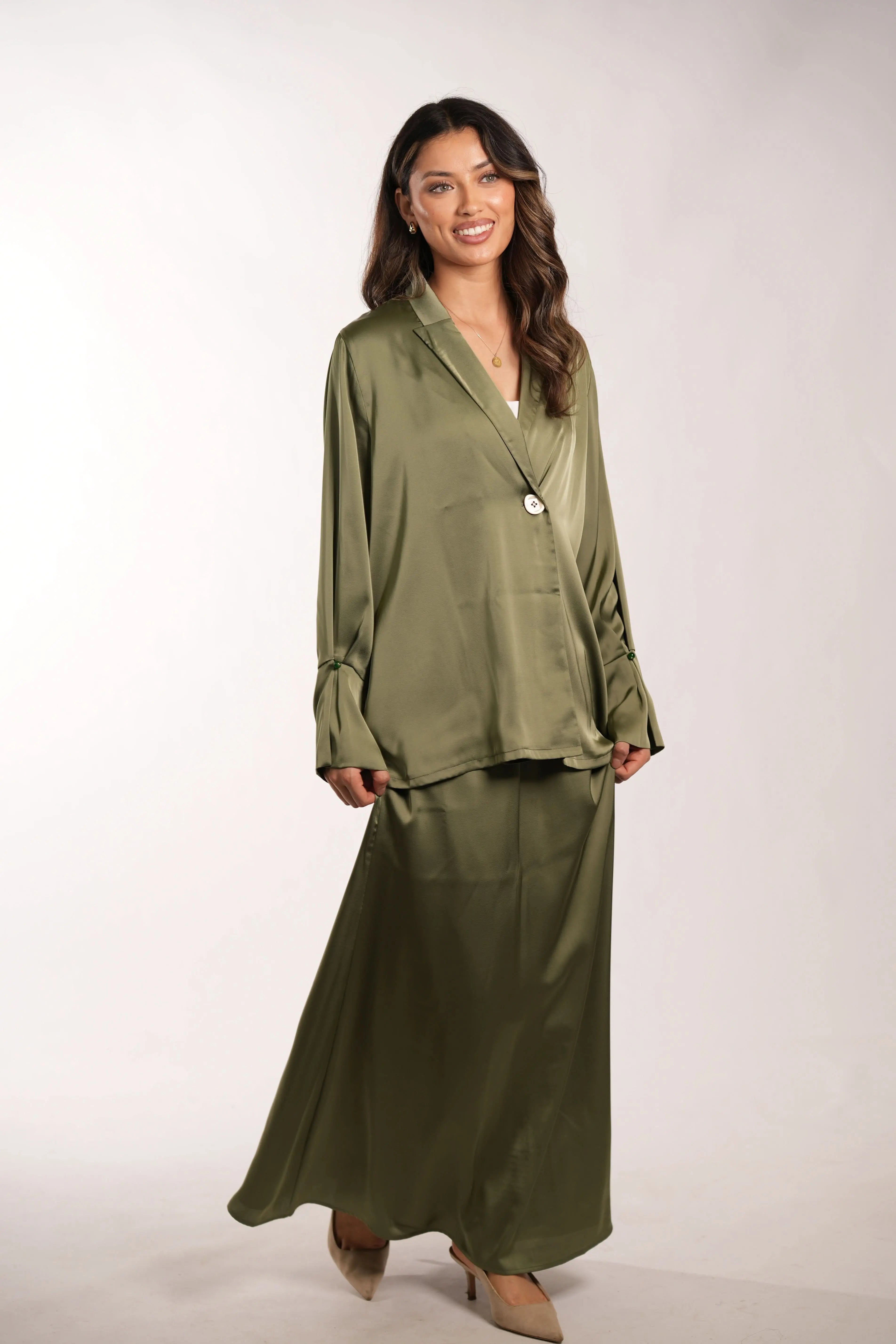 satin silk cardigan - olive Losyana.Shop