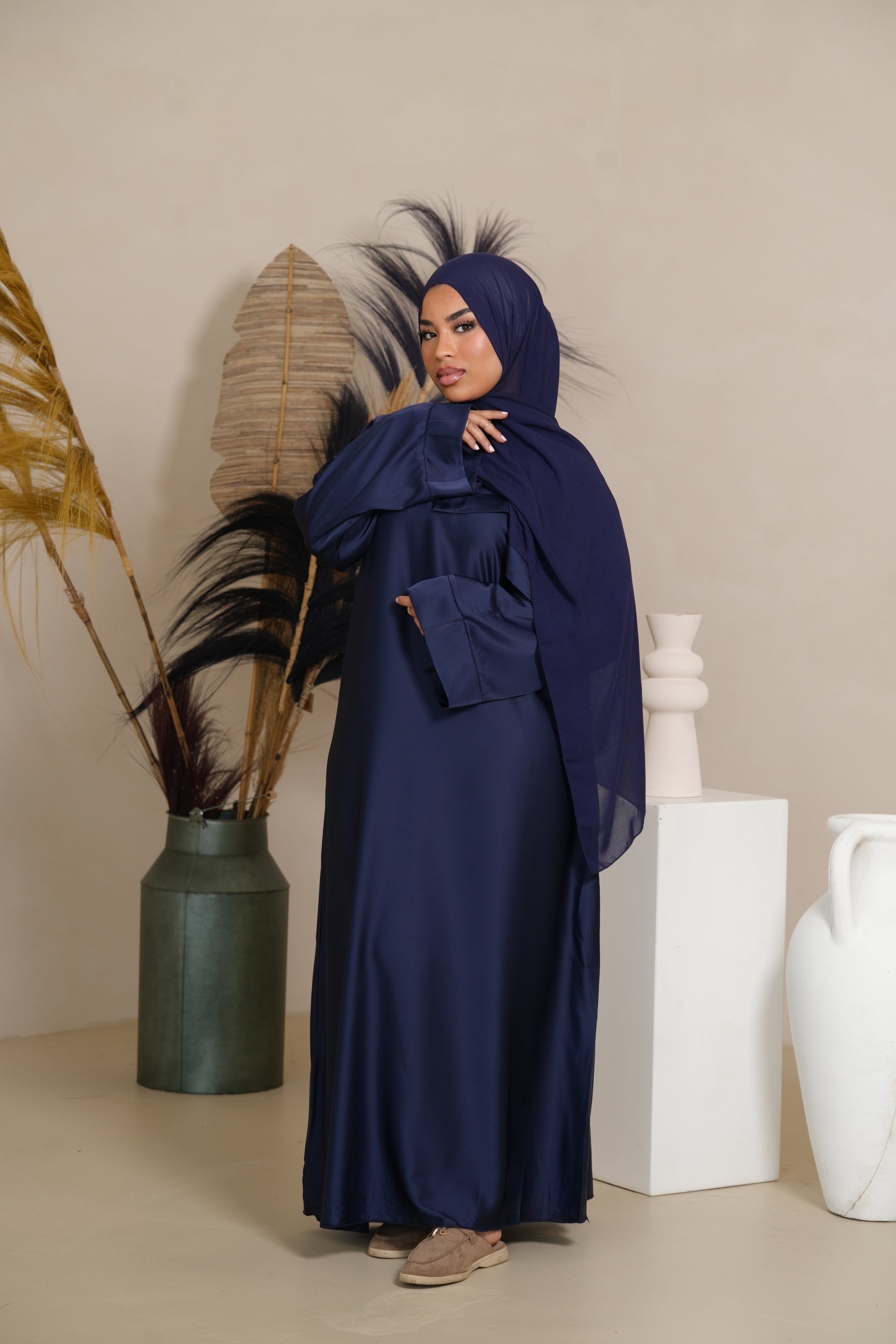 DXB Satin Abaya - Dark Blue