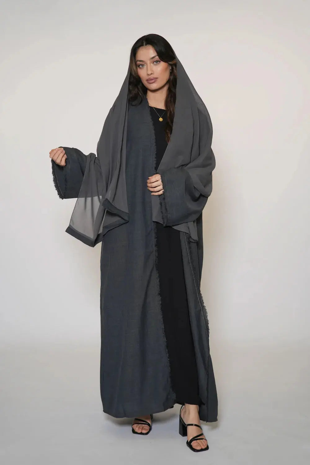 Fringles Linen Abaya - Dark Grey Losyana.Shop