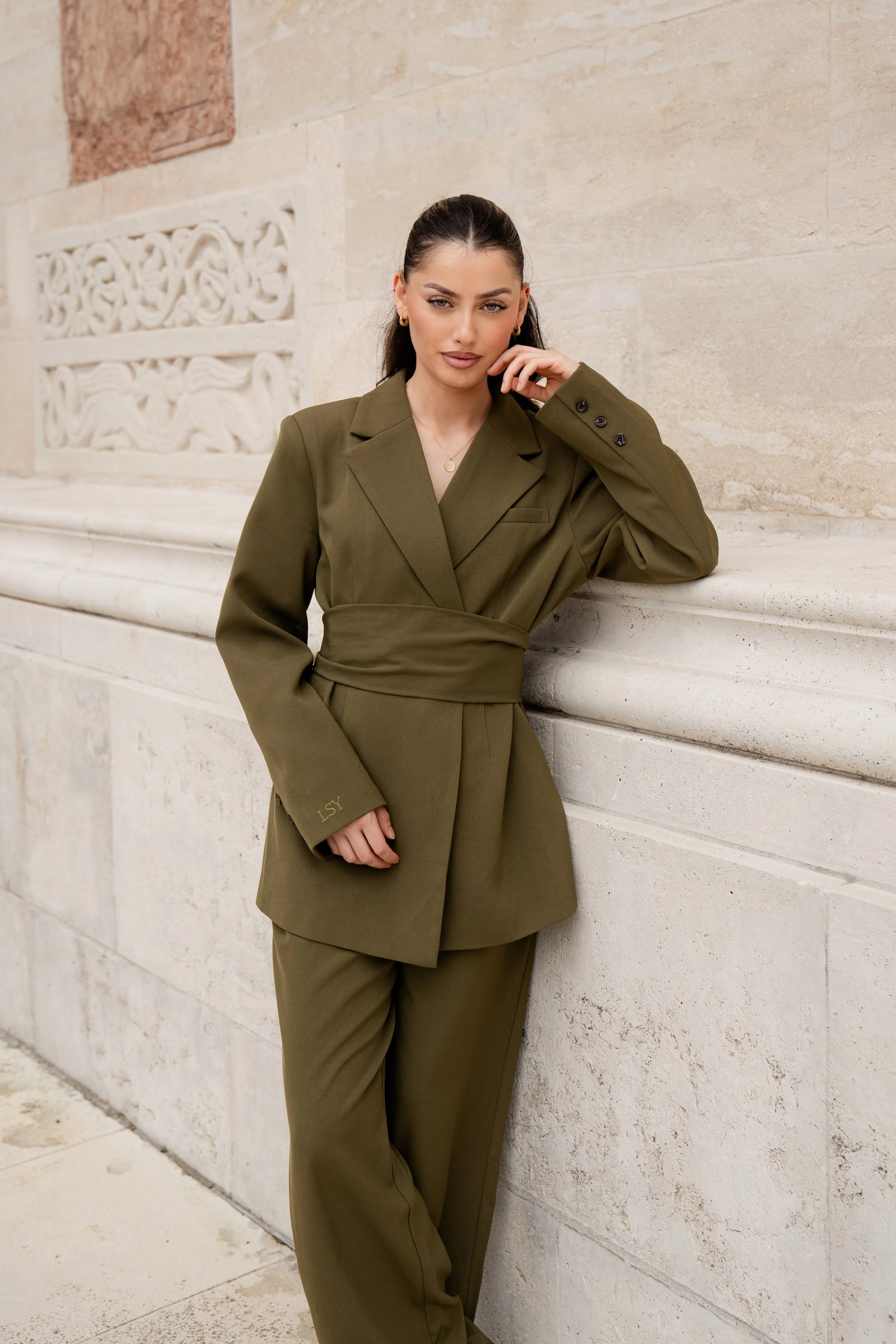 the noble belted blazer - olive Losyana.Shop