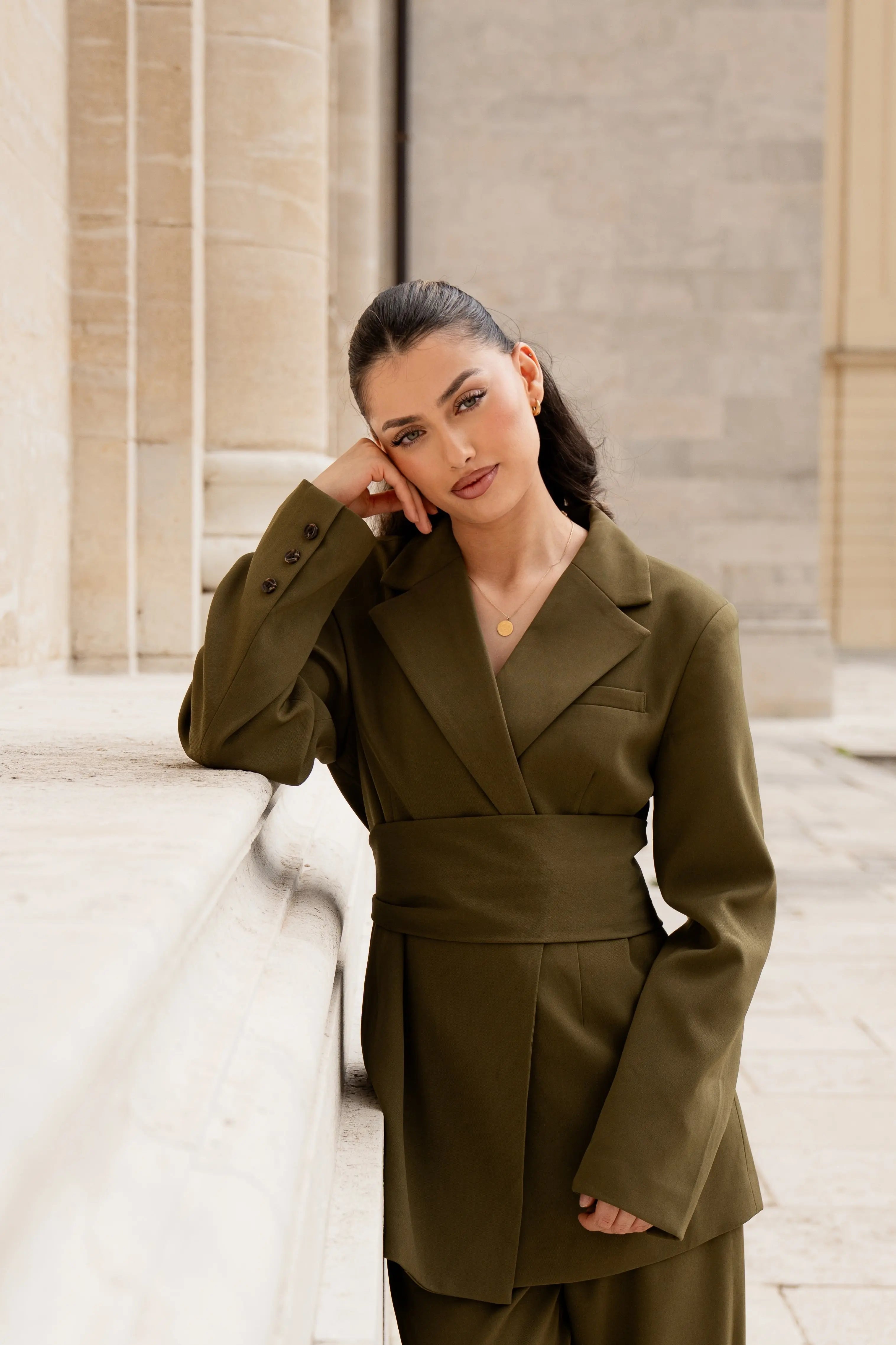 the noble belted blazer - olive Losyana.Shop