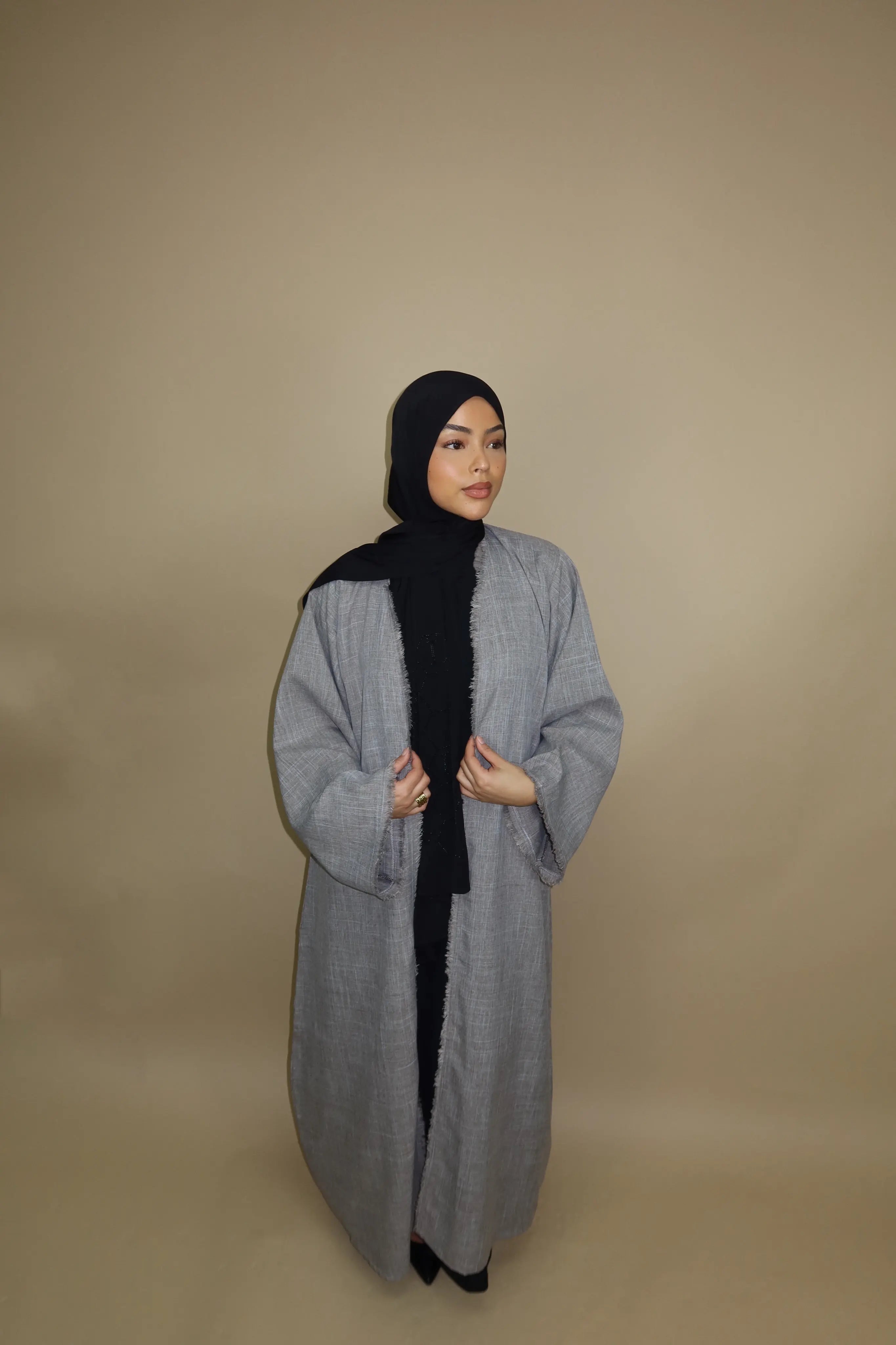 Fringles Linen Abaya - Grey Losyana.Shop