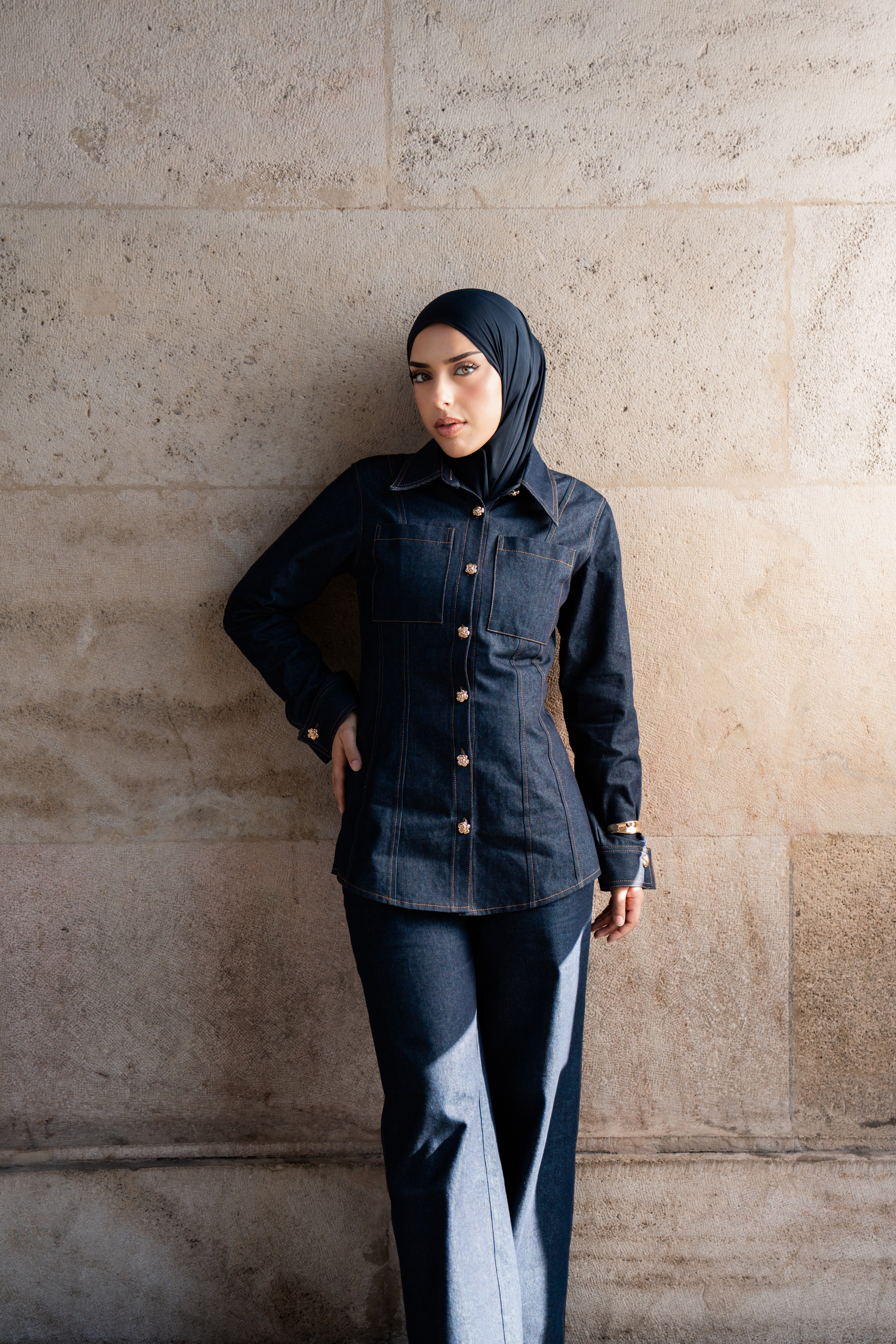 denim gold button shirt