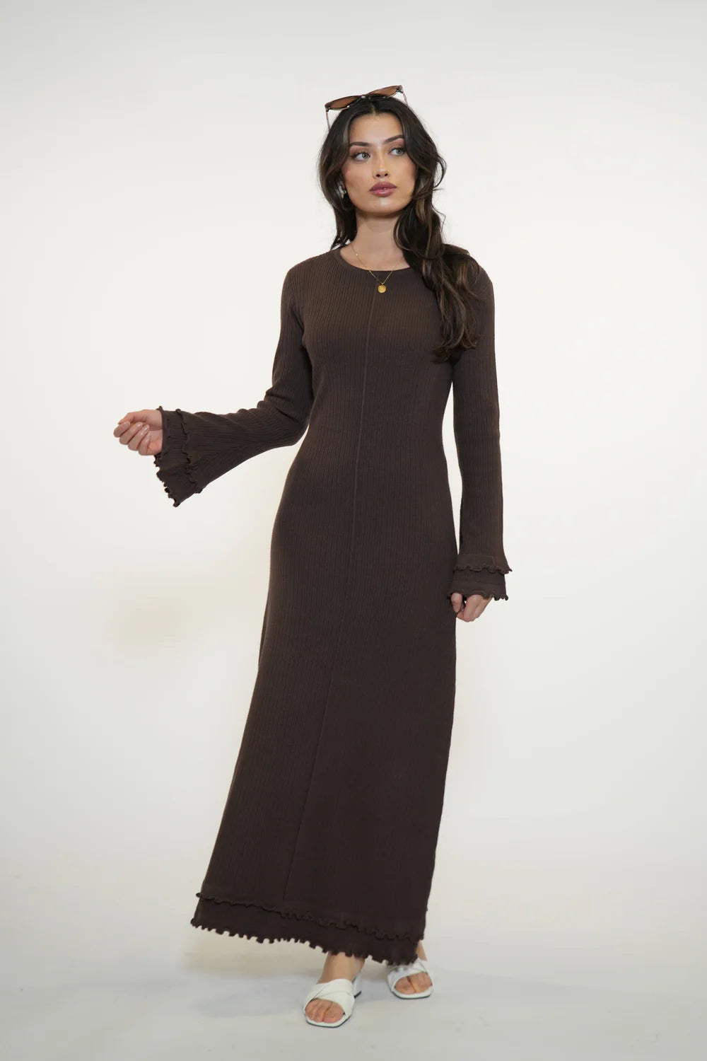 RUFFLED MAXI DRESS - ESPRESSO