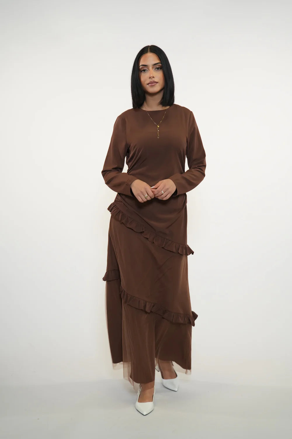ROMANCE RUFFLE DRESS - ESPRESSO