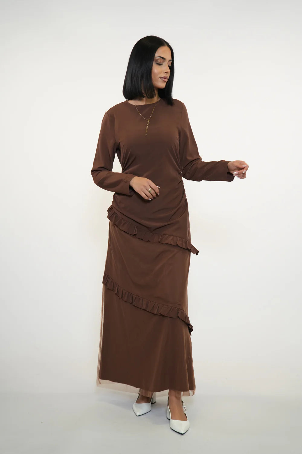 ROMANCE RUFFLE DRESS - ESPRESSO