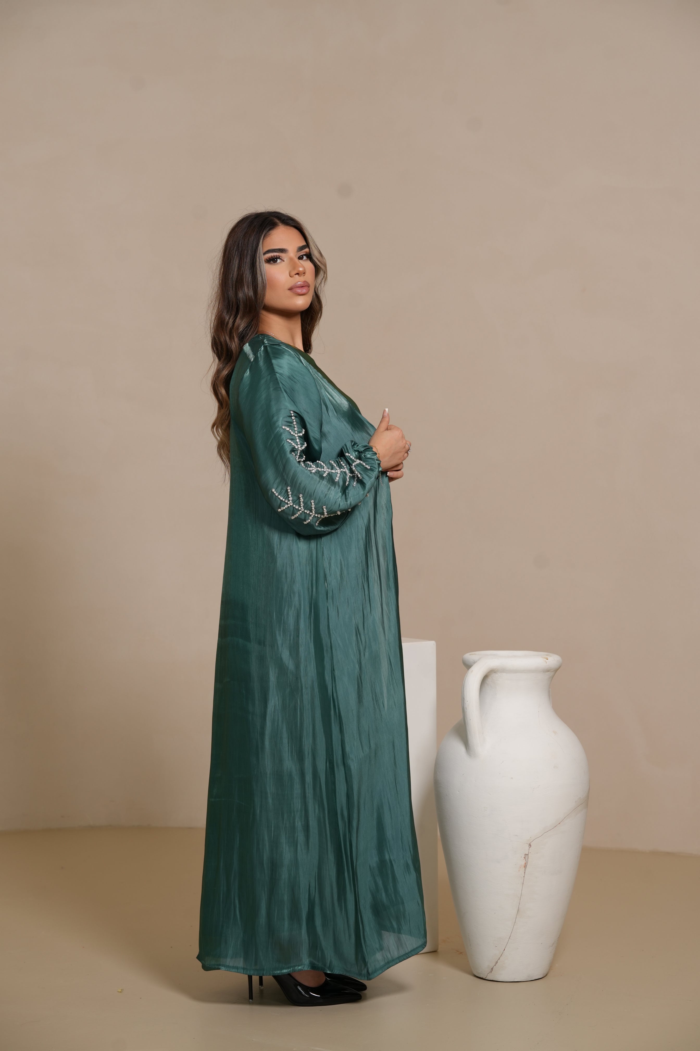 Flower Arm Abaya - royal Green