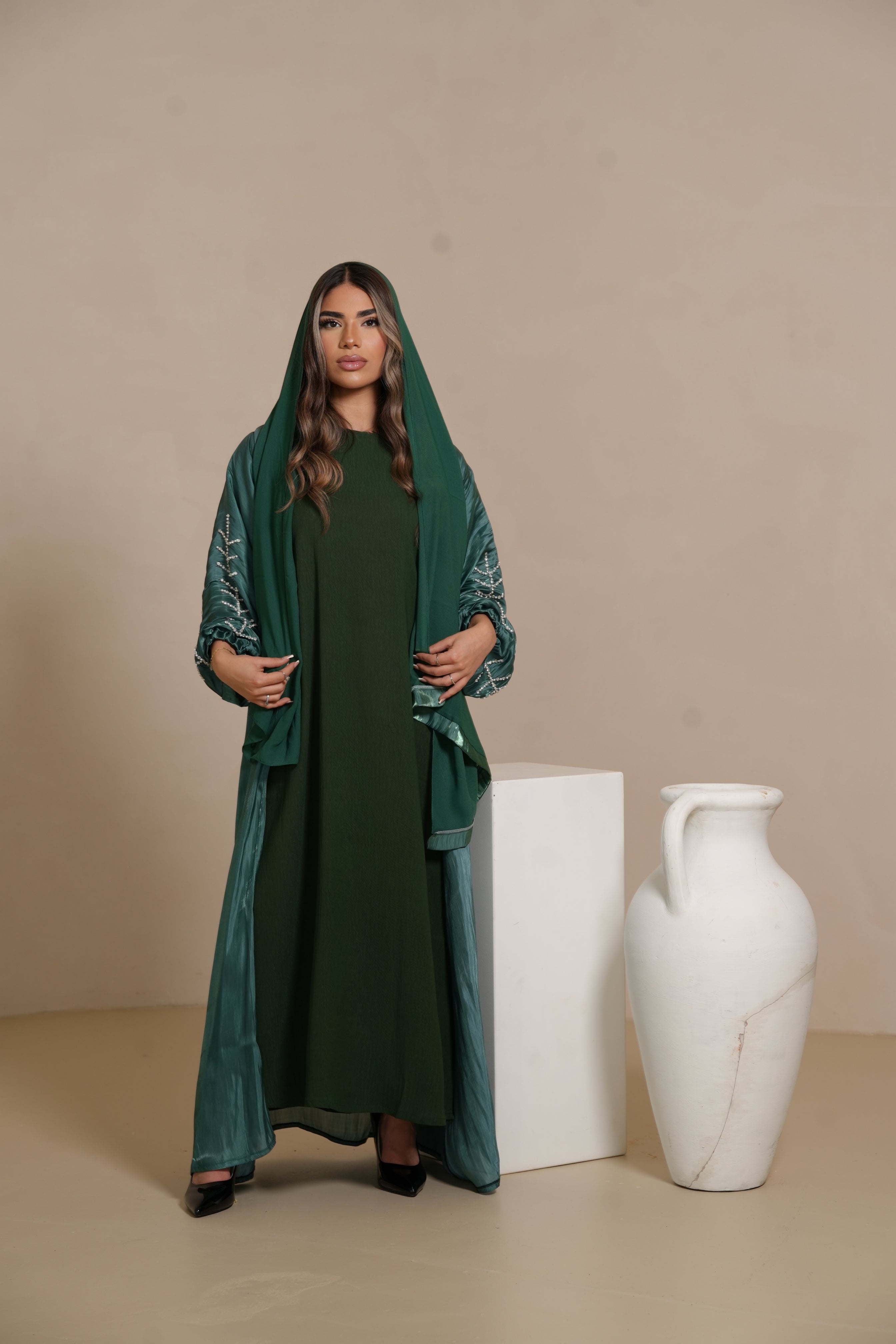 Flower Arm Abaya - royal Green