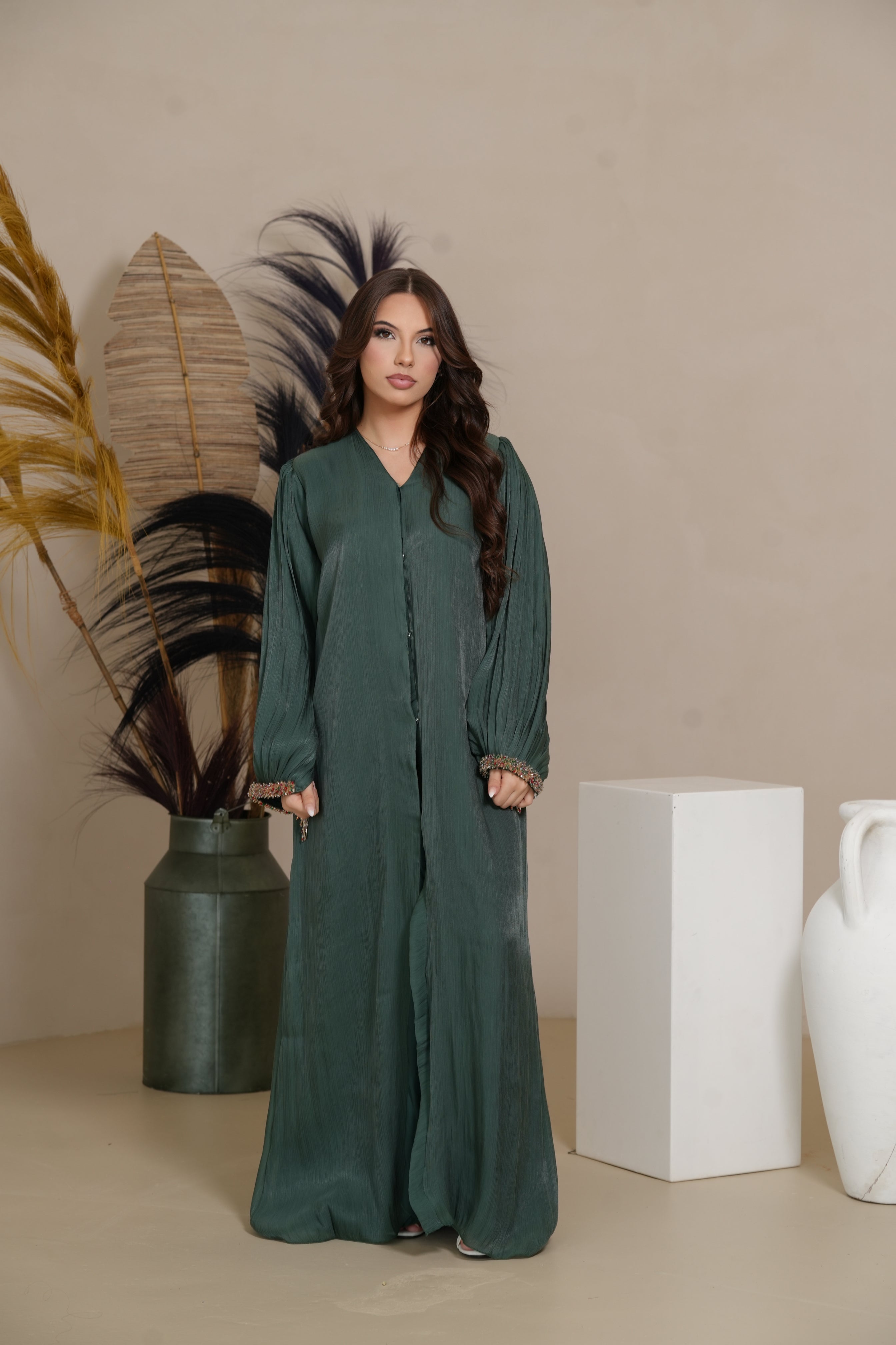 Luxury pearls Abaya - royal Green