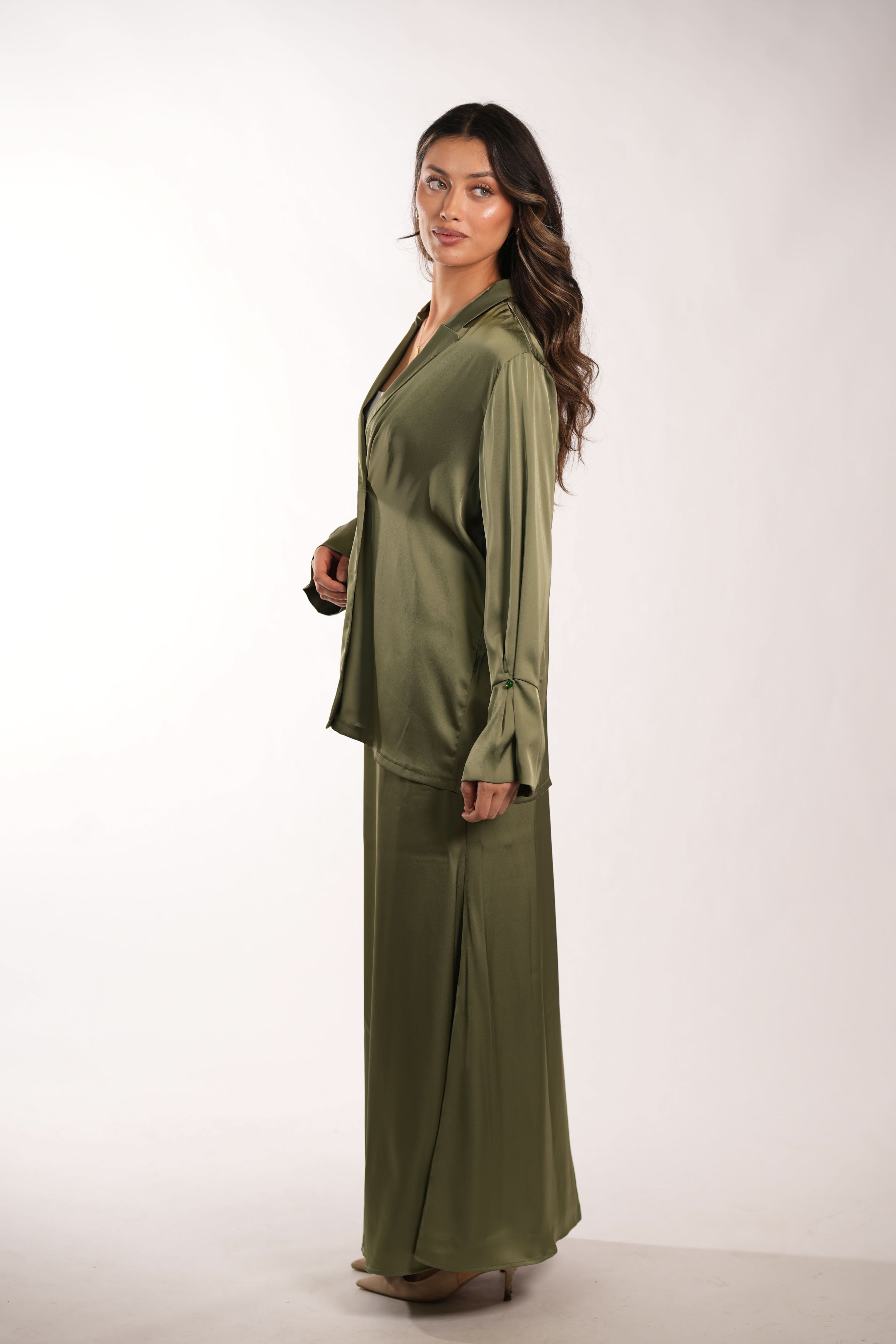 satin silk cardigan - olive