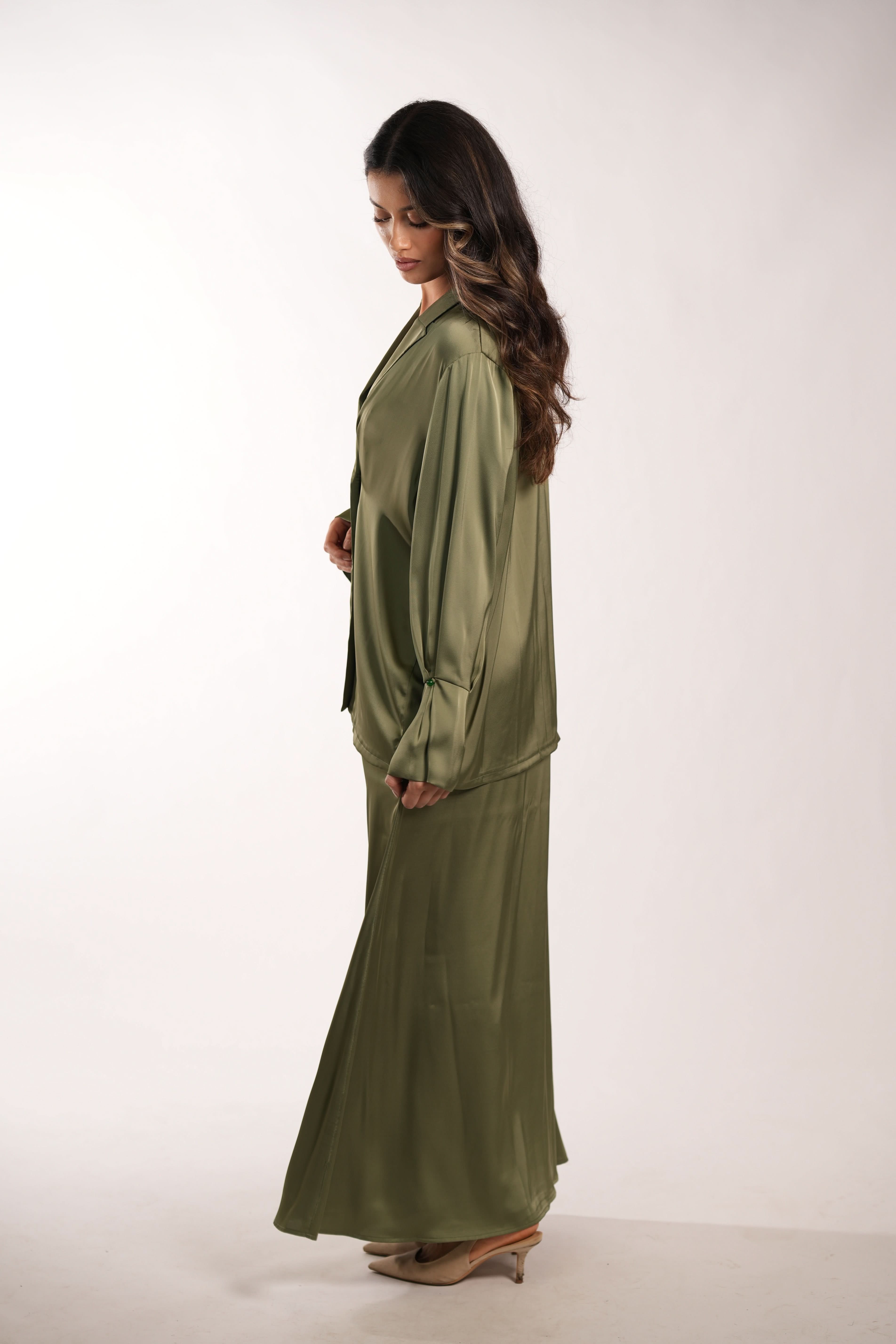 satin silk cardigan - olive