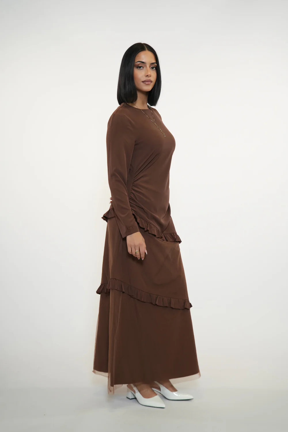 ROMANCE RUFFLE DRESS - ESPRESSO
