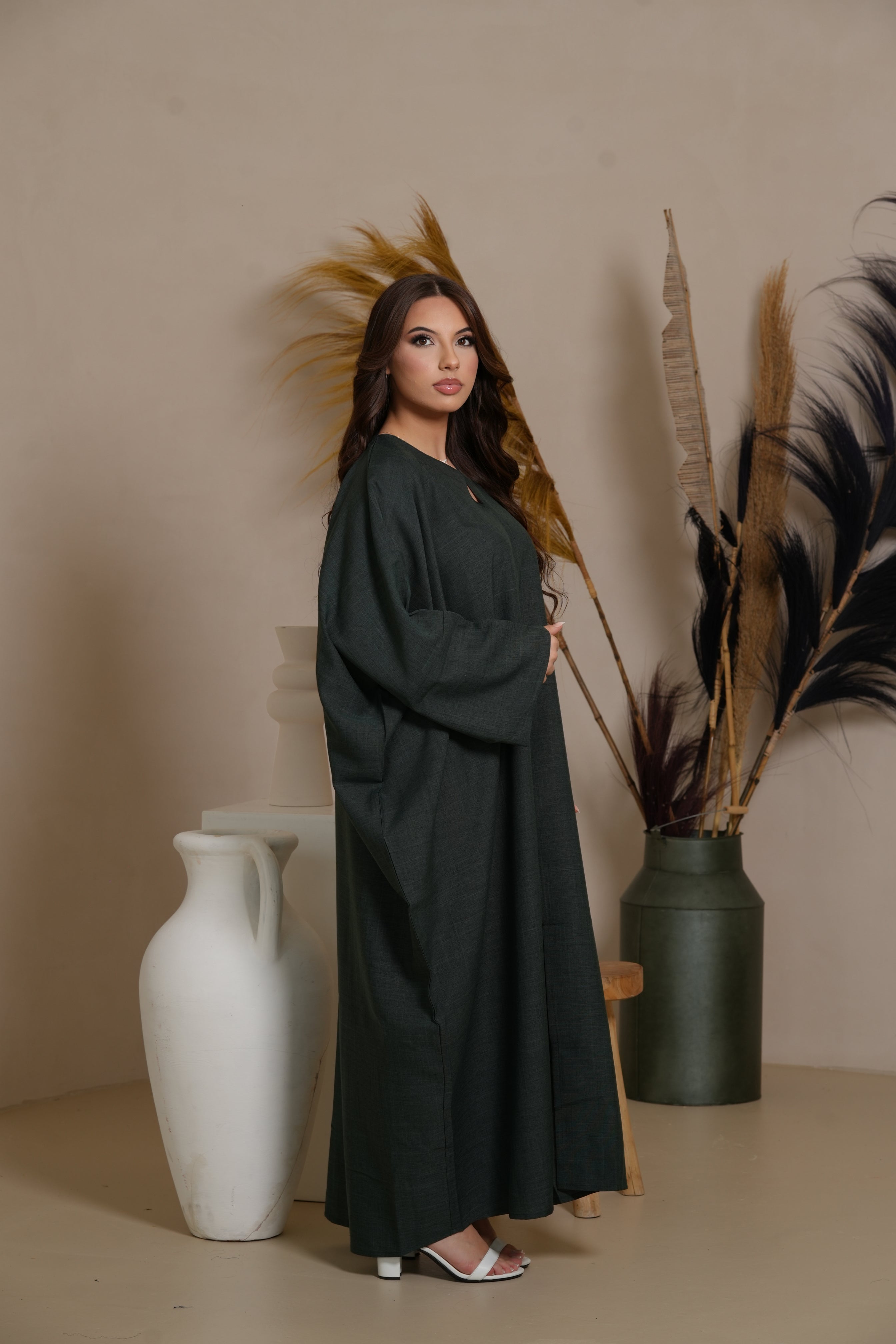 Oversized Linen Abaya - Dark Green