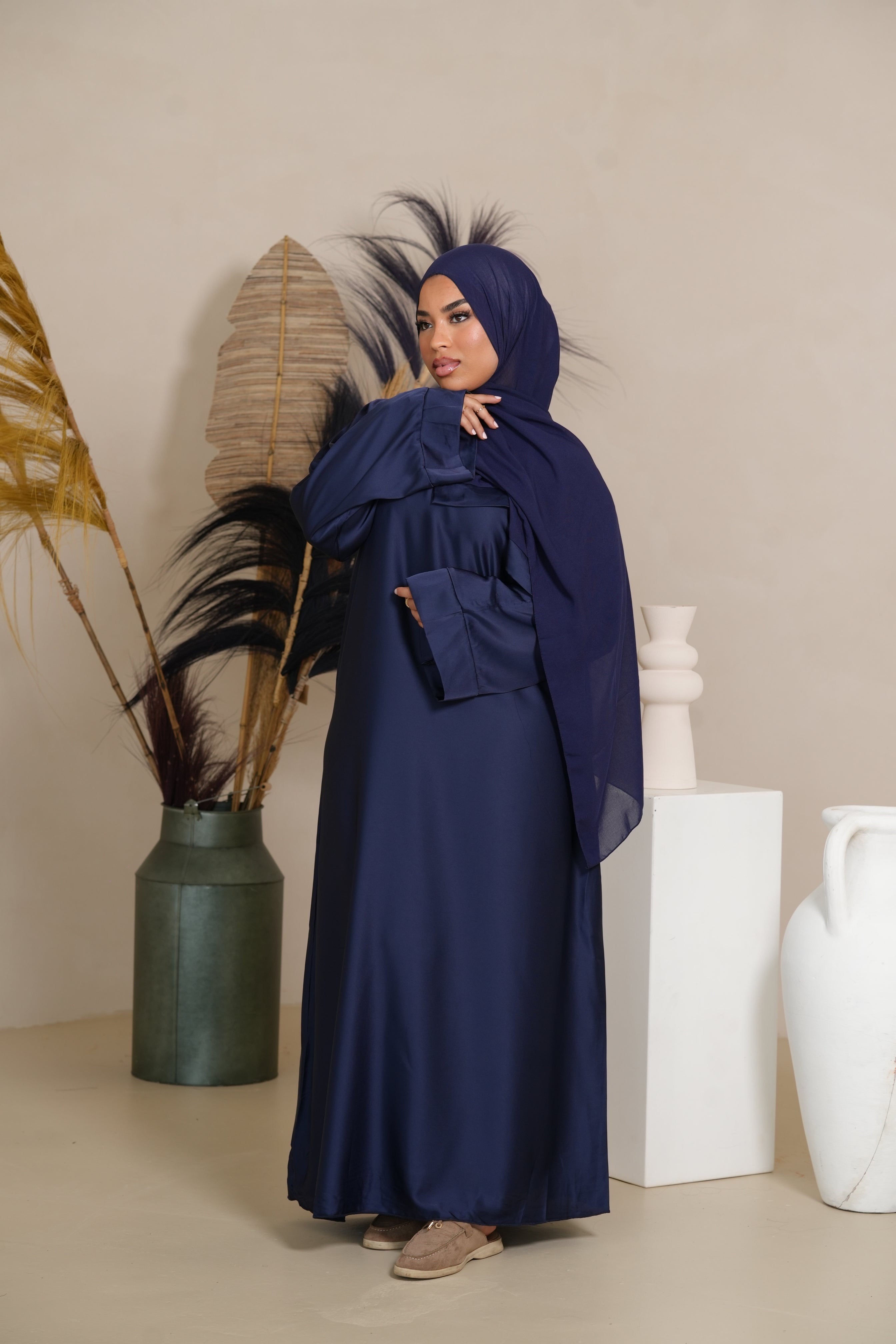 DXB Satin Abaya - Dark Blue