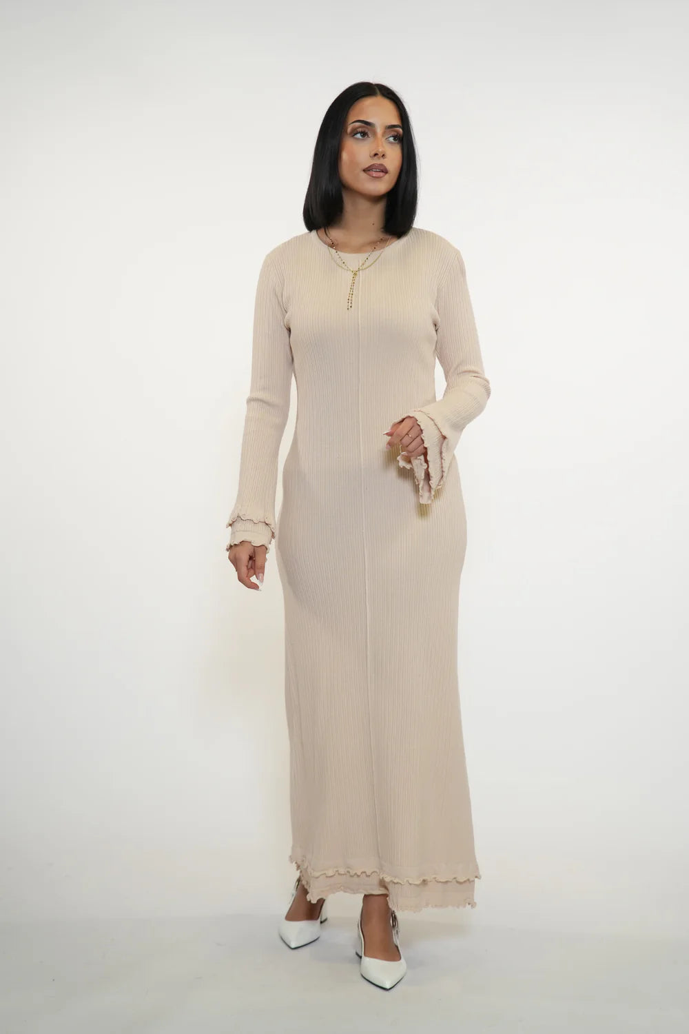 RUFFLED MAXI DRESS - BEIGE