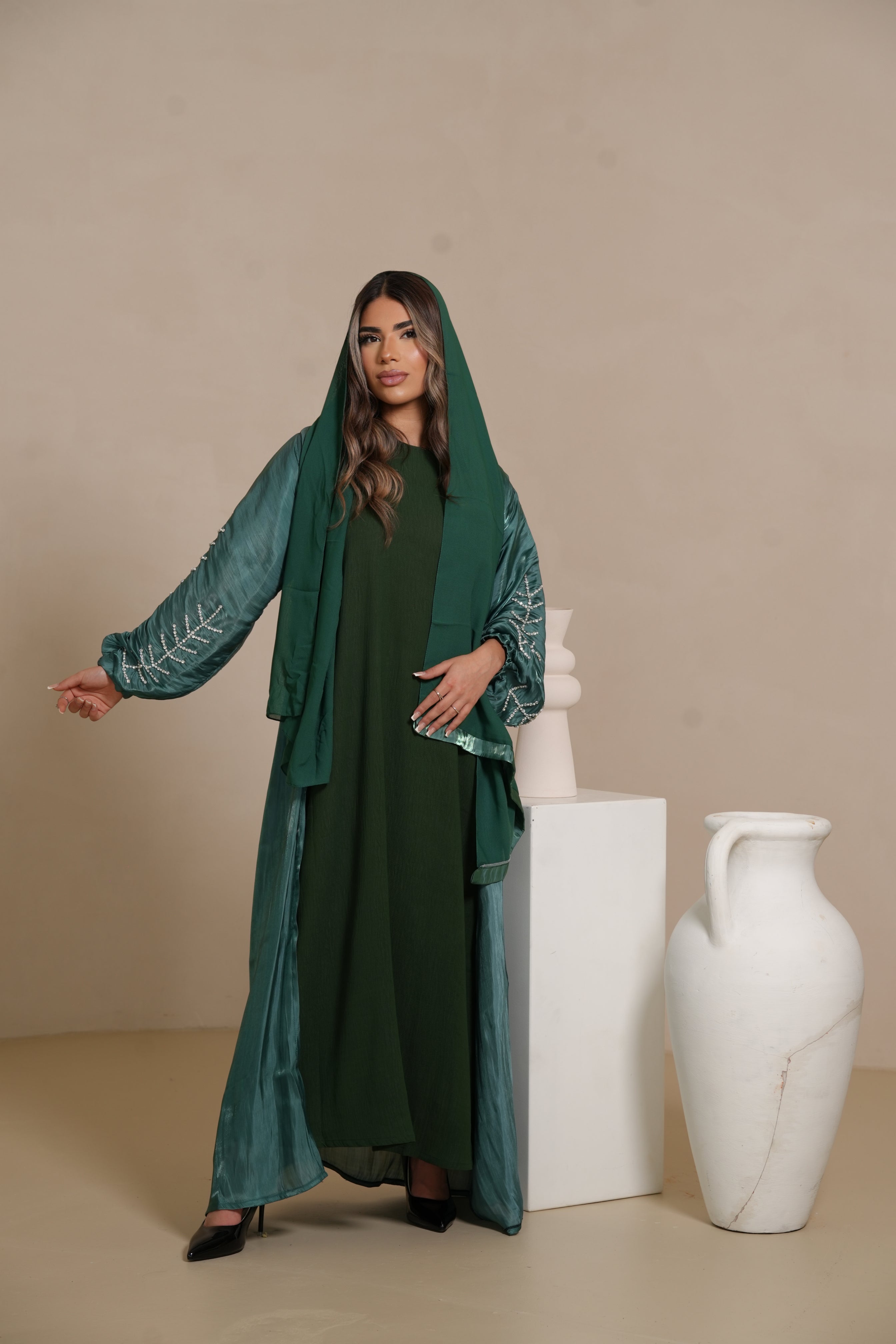Flower Arm Abaya - royal Green