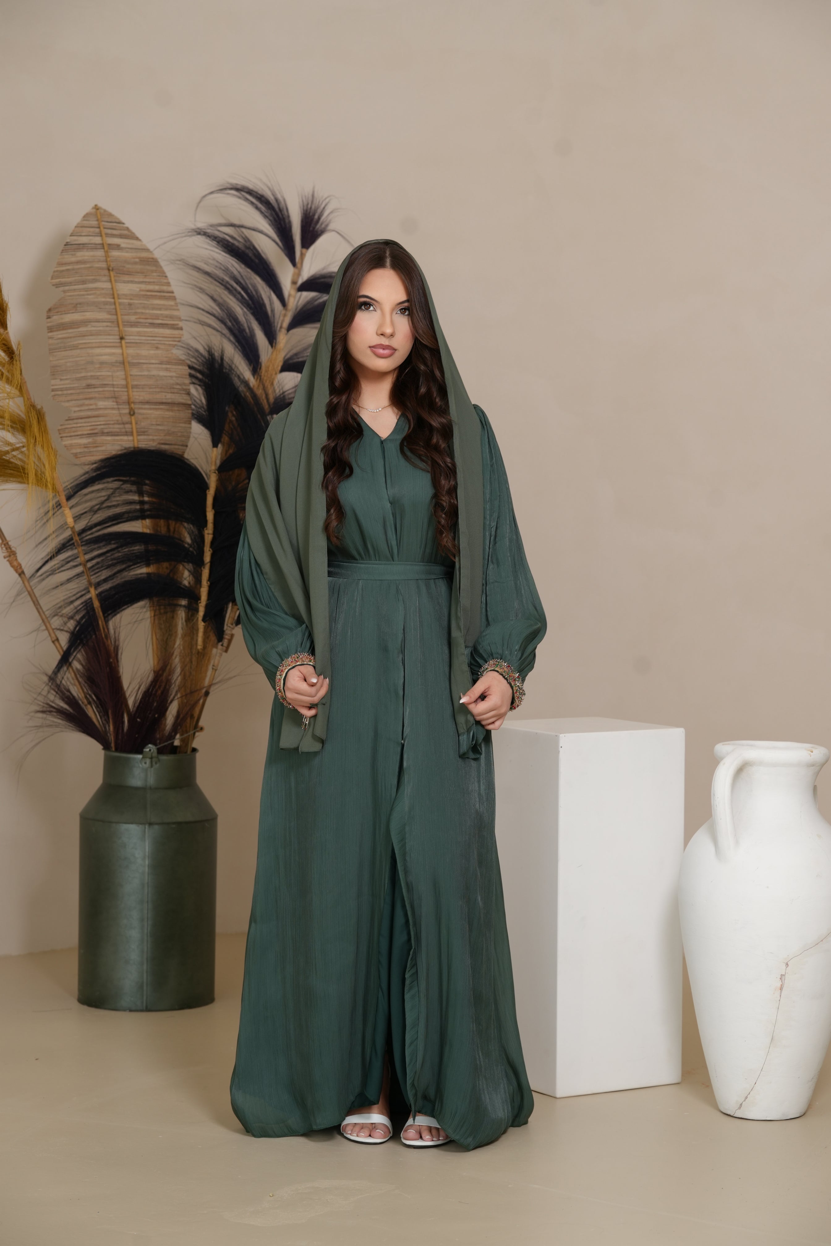 Luxury pearls Abaya - royal Green