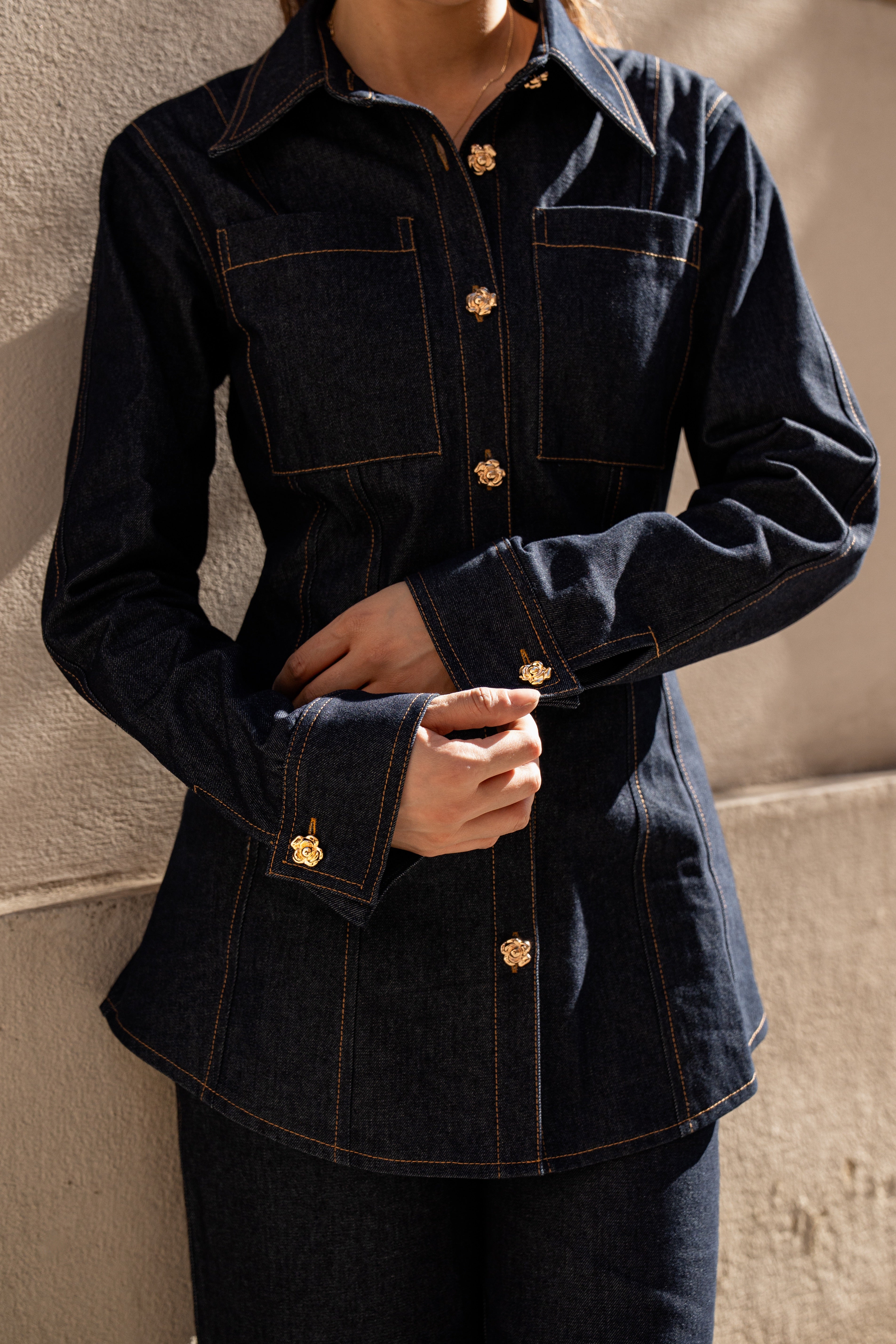 denim gold button shirt