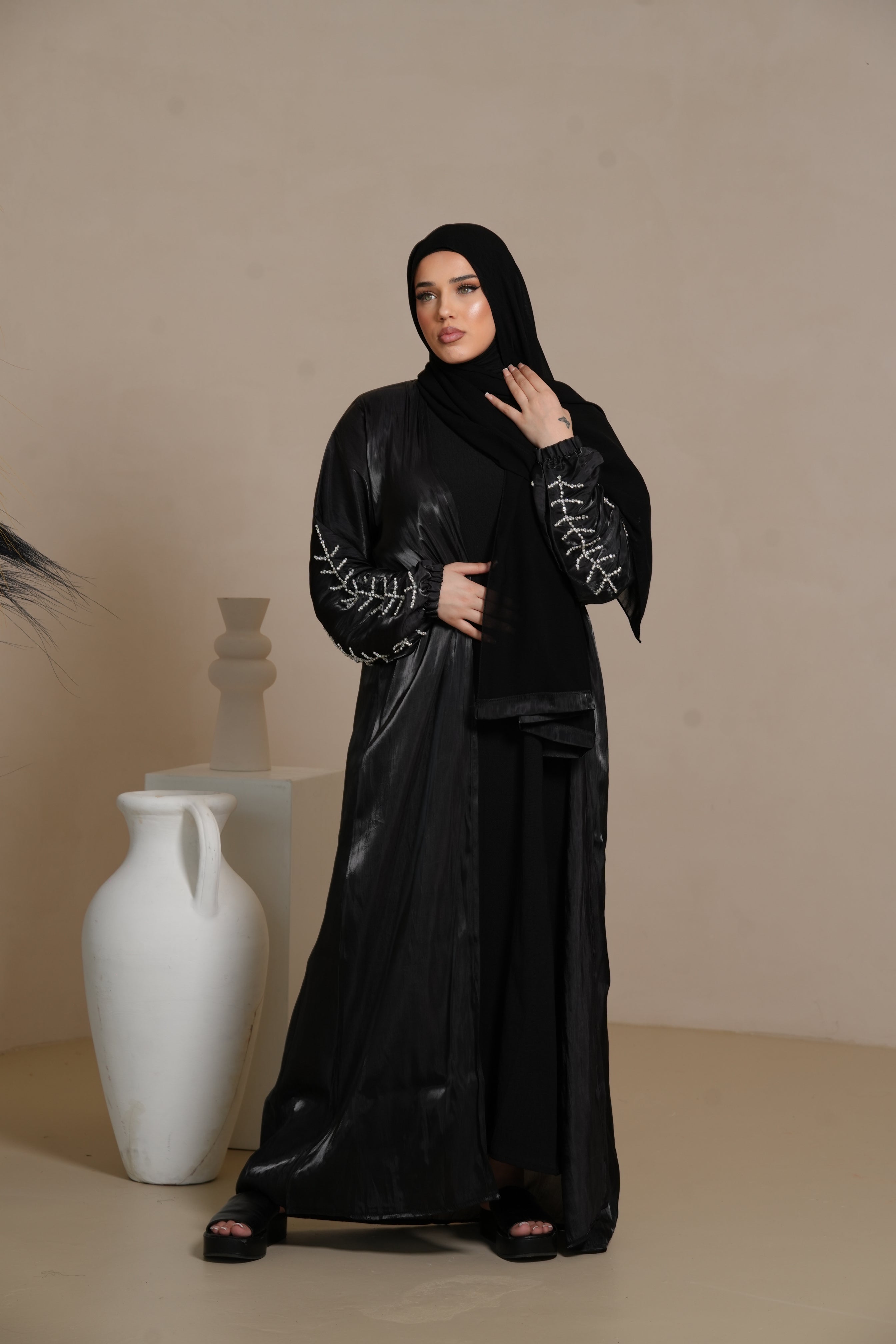 Flower Arm Abaya - Black