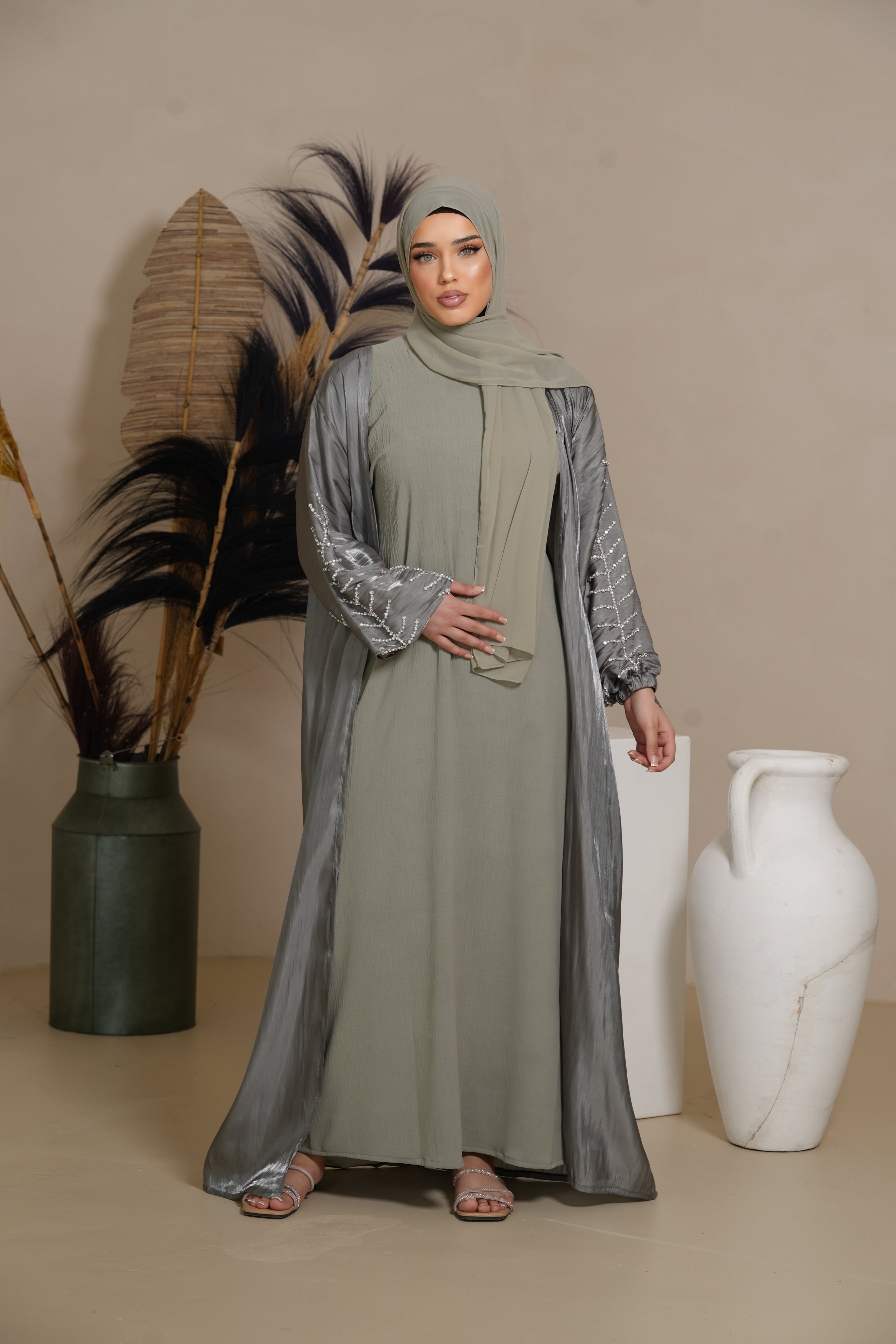 Flower Arm Abaya - Green