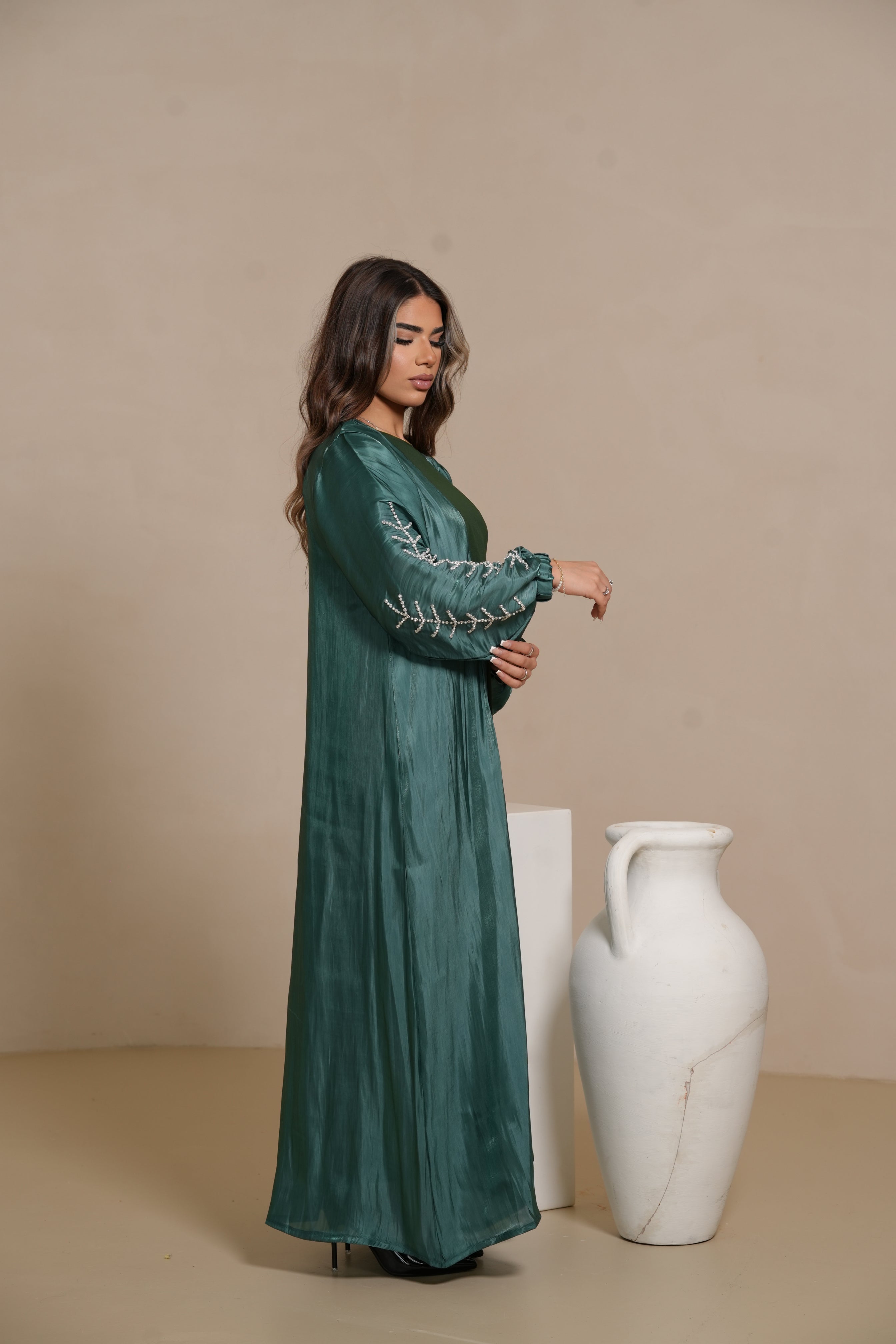 Flower Arm Abaya - royal Green