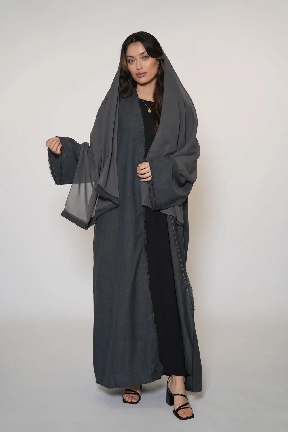 Fringles Linen Abaya - Dark Grey