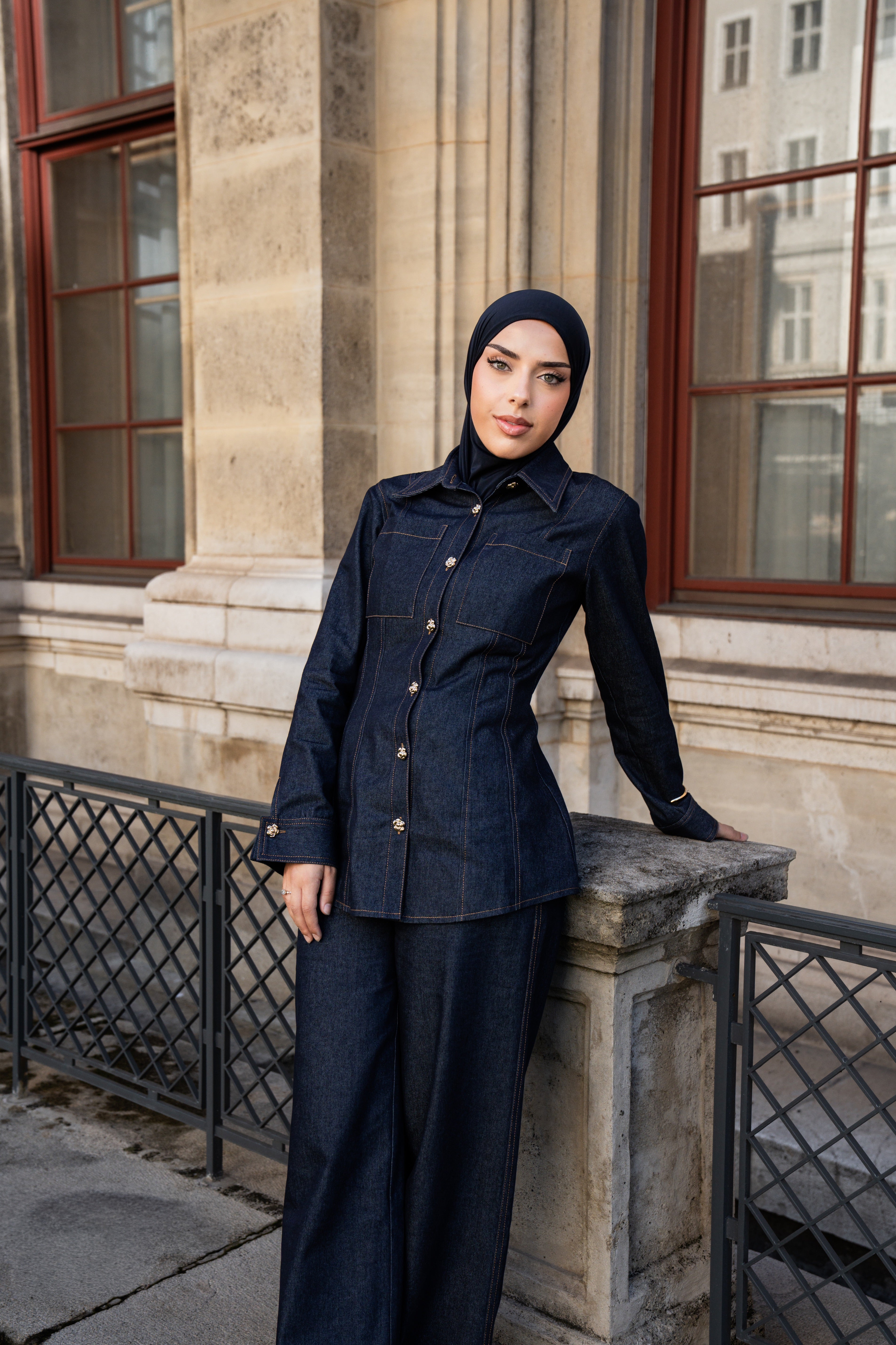 denim gold button shirt