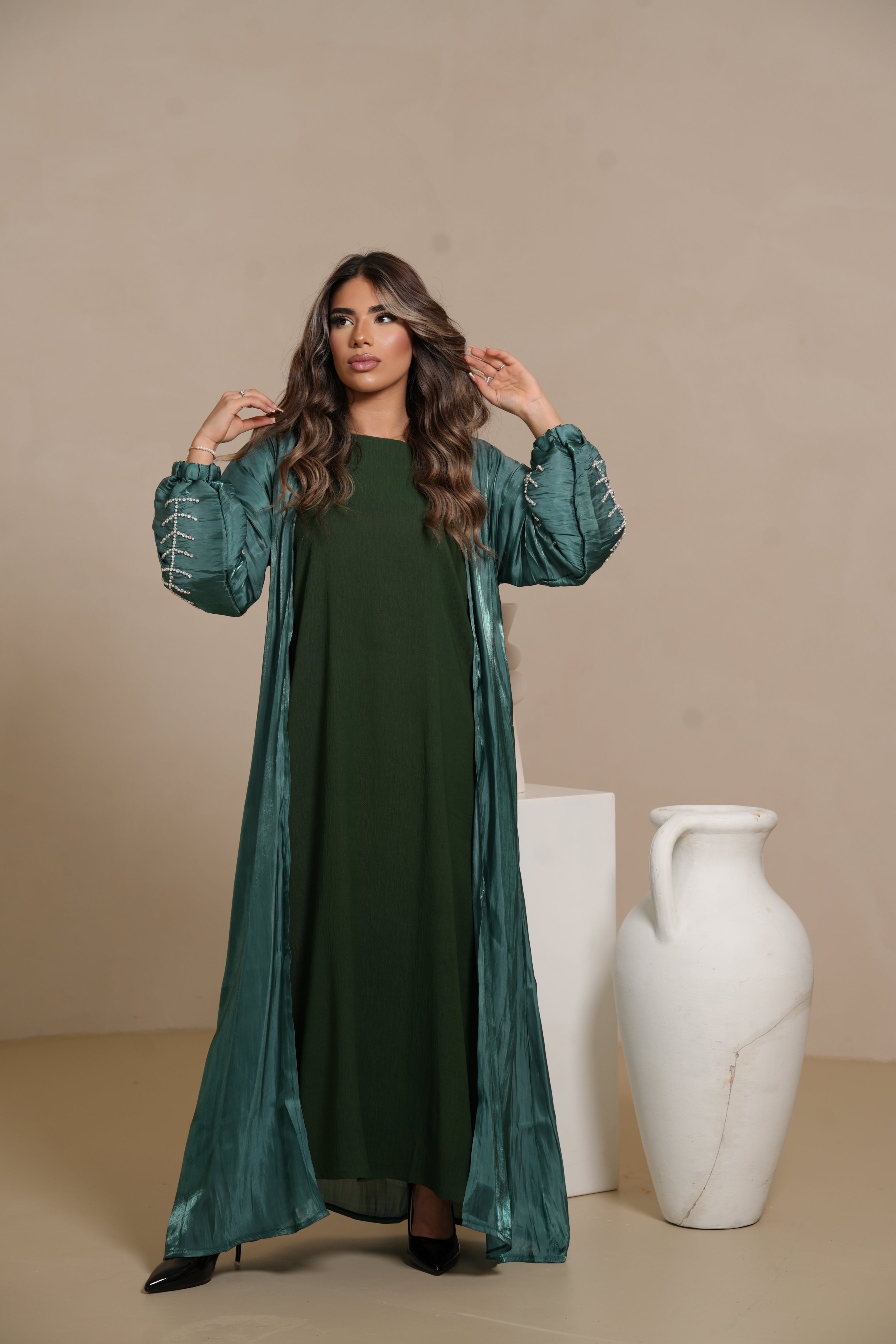 Flower Arm Abaya - royal Green